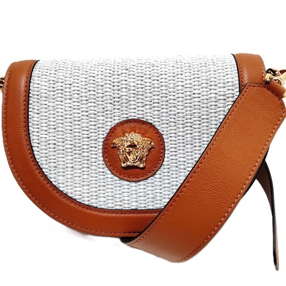Versace Medusa Saddle Bag. Excellent Cond. Brown Leather with White Raffa Weave. - Picture 4 of 4